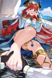 2girls 5_toes anklet barefoot blue_nails blue_sky breasts circlet cloud damao_yu feet female female_only foot_focus forehead_jewel foreshortening genshin_impact gold_trim green_eyes hands_on_own_face harem_outfit highres holding_another's_foot horns jewelry legs long_hair lumine_(genshin_impact) medium_breasts multiple_girls nail_polish nilou_(genshin_impact) open_mouth pov pov_hands puffy_sleeves raised_eyebrows red_hair sitting sky solo_focus thighlet thighs toenail_polish toenails toes twintails veil very_long_hair water wet