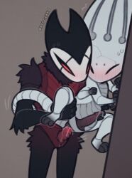 4_arms against_wall anal anal_penetration anal_sex big_dom_small_sub black_fur blush blushing crown cum cum_in_ass fur gay gay_sex grimm_(hollow_knight) holding_legs holding_partner hollow_knight horns leg_grab multi_arm multi_limb pale_king_(hollow_knight) penis precum red_eyes red_penis redgekk0_(artist) sex spread_legs squinting sweat sweatdrop tail tail_wrap thrusting thrusting_into_ass white_body