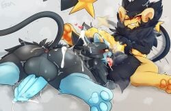 absurd_res anthro anus balls black_body black_fur blush bodily_fluids cum duo fermusieboir4 fur generation_4_pokemon genital_fluids genitals hi_res luxray male male/male nintendo one_eye_closed open_mouth pawpads penis pokemon pokemon_(species) shiny_pokemon simple_background tail tongue tongue_out yellow_eyes