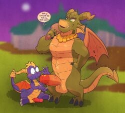 activision argon_vile balls claws comparing dialogue duo english_text erection genitals hammer hi_res horn jewelry male male/male necklace nestor_(spyro) non-human non-human_only outside penis penis_size_difference sitting size_difference spyro spyro_the_dragon text tools toony wide_eyed wings