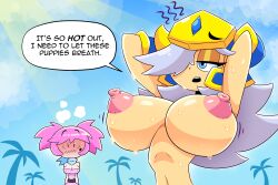 2girls black_eyes blue_bandana blue_eyes blush booby_knight_(drshanks24) cherry_pie_(drshanks24) dot_eyes drshanks24 female female_only fully_clothed helmet_only multiple_girls nude pink_clothing pink_hair pink_nipples red_face sun sun_rays sweat sweating white_hair