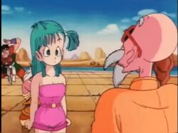 animated bouncing_breasts bulma's_top_drop bulma_(dragon_ball) bulma_briefs dragon_ball dragon_ball_(classic) edit flashing flashing_breasts master_roshi pulling_down_shirt screencap