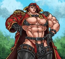 1futa androgynous armor bikini_armor black_gloves blue_eyes bulge cape clothed clothing commission cropped_legs crotch_plate earrings extreme_muscles flaccid futa_only futanari gloves human hyper_muscle hyper_muscles karmella_(elyobobo) light_skin mostly_nude muscualar_arms muscular_futanari nipples original pecs pectorals penis penis_armor pointing_down red_hair revealing_clothes ser_halo short_hair solo standing thick_thighs tiara vambraces vein veiny_muscles watermark