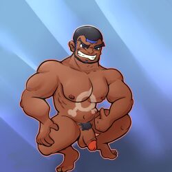 1boy bara dark-skinned_male foreskin gay male_only matt_(pokemon) muscle pokemon squatting team_aqua teeplustee1 uncircumcised