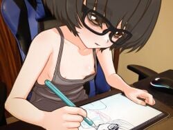 bags_under_eyes blush breasts brown_eyes brown_hair chair downblouse drawing drawing_tablet female gaming_chair glasses highres nipples original rountain short_hair small_breasts swivel_chair tank_top tomboy wardrobe_malfunction