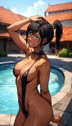 1girls ai_generated ass avatar_legends big_ass big_breasts black_hair black_sling_bikini blue_eyes blue_swimsuit blush blushing_at_viewer breasts brown_nipples dark-skinned_female dark_skin female hair_tie hand_on_head korra large_ass large_breasts long_hair looking_at_viewer navel necklace neckwear nipples novprof ponytail sling_bikini slingshot_swimsuit swimsuit the_avatar the_legend_of_korra thighs tied_hair voluptuous voluptuous_female water_tribe wide_hips