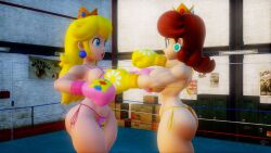 2girls 3d 3d_(artwork) ass auburn_hair big_ass big_breasts big_butt big_thighs bikini blonde_hair blue_eyes boxing boxing_gloves boxing_ring breasts bubble_ass bubble_butt busty butt catfight crown curvy duo earrings fat_ass fat_butt female female_only fight flower_earrings from_side ginger gym hi_res human human_only indoors large_breasts light-skinned_female light_skin lips lipstick long_hair looking_at_each_other mario_(series) multiple_girls navel nintendo open_mouth orange_bikini pac-mario64 pink_bikini pink_boxing_gloves pink_gloves princess princess_daisy princess_peach punch shoulder_length_hair sideboob string_bikini swimsuit thick thick_ass thick_butt thick_hips thick_thighs thighs toned voluptuous wide_hips yellow_boxing_gloves yellow_gloves