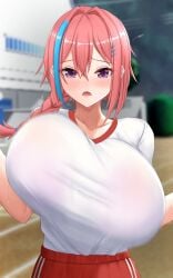 blue_hair blush bouncing_breasts braided_ponytail embarrassed fully_clothed gigantic_breasts gym_uniform hairclip multicolored_hair pink_hair running school_uniform sweaty track_and_field waist_up