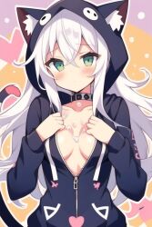 ai_generated blush cat_hoodie cum hoodie looking_at_viewer medium_breasts no_bra white_hair