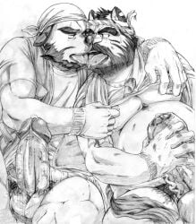 2boys arm_around_shoulder bandana bara beard belly bottomless dog_boy ears_down erection eye_contact facial_hair feet_out_of_frame foreskin french_kiss furry furry_with_furry ganson girthy_penis graphite_(medium) hachimaki headband huge_eyebrows kissing large_penis looking_at_another male_focus male_masturbation male_pubic_hair masturbation mature_male moustache multiple_boys muscular muscular_male nipple_tweak nipples original pectorals penis plump precum precum_drip pubic_hair saliva saliva_trail scan short_hair sitting stomach thick_eyebrows tiger_boy tongue tongue_out traditional_media uncensored underpec veins veiny_penis yaoi