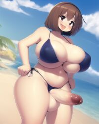 ai_generated beach bikini brown_eyes brown_hair futanari hands_on_hips large_breasts looking_at_viewer novelai pullthetriggeryoubitch short_hair smile swimsuit tagme thick_thighs tongue_out water