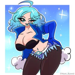 ass belly_piercing big_breasts blue_clothing blue_eyes blue_hair blue_jacket bra breasts hand_on_hip hunnibunnii looking_at_viewer minttasty original_character thick_thighs thighs