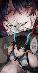 2boys black_hair blade_(honkai:_star_rail) clothing dan_heng dan_heng_(imbibitor_lunae) dialogue dragon_boy elf_ears gay hand_on_chest hi_res highres honkai:_star_rail horns looking_at_another looking_at_partner male/male multicolored_hair pale_skin penis precum speech_bubble yaoi yeobosannsfw