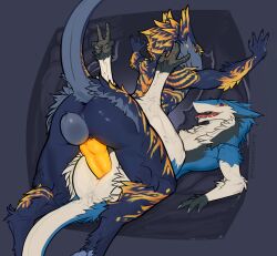 absurd_res allanthesergal52_(artist) anthro ass balls claws duo fluffy from_front_position fur genitals hi_res knot looking_pleasured lying male male/male missionary_position multicolored_body nude on_back open_mouth paws penis raised_tail sergal sex spread_legs spreading tail teeth tongue