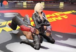 3d 3d_(artwork) absurdres arrogant asphyxiation assassin beaten blender blonde_hair boot_fetish boots calves catsuit cleavage confident crossed_arms crotch_smothering crush crushing dominant dominant_female domination dominatrix facesitting facesitting_through_clothes female_domination femdom fight fighting fighting_pose fighting_ring head_between_legs head_between_thighs helpless high_heel_boots high_heels highres humiliated humiliation jin_kazama jvfemdom kazama_jin leather leather_boots leather_clothing leather_gloves legs looking_at_another looking_down looking_pleasured mixed_wrestling muscular muscular_calves muscular_female muscular_legs muscular_thighs nina_williams ponytail red_face shirtless sitting_on_face sitting_on_person smug smug_face squeezing submission tekken thick_ass thick_thighs thighs wrestling