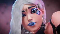 1girls 3d alternate_version_available ark_(fortnite) armwear blender blue_eyes blue_lipstick blue_makeup bottomwear bra choker couch curvy curvy_body curvy_female curvy_figure detailed_background ear_piercing earrings epic_games face_closeup face_fetish face_focus female female_focus female_only fortnite fortnite:_battle_royale highres laying_on_couch laying_on_side lewdrex light-skinned_female light_skin lipstick long_hair looking_at_viewer makeup nose_piercing on_side partially_clothed piercing piercings seductive seductive_eyes seductive_look solo solo_focus thick_thighs topwear watermark white_hair