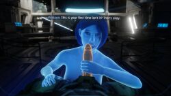 3d_(artwork) artificial_intelligence blender_(software) blue_body blue_hair blue_skin breasts dialogue ghxstrose halo_(series) high_resolution hud imminent_fellatio imminent_sex licking_penis looking_at_viewer male master_chief penis pov pov_eye_contact the_weapon_(halo_infinite) video_game_character video_games