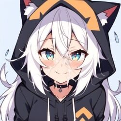 ai_generated blush cat_hoodie cum cum_in_mouth cum_on_face hoodie looking_at_viewer medium_breasts white_hair