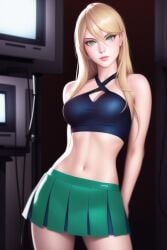 1girls artist_request black_bra blonde_hair clothed female female_only fully_clothed green_eyes green_skirt monitor parahumans source_request tattletale_(worm) worm_(web_series)