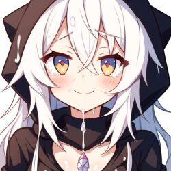 ai_generated blush cat_hoodie cum cum_on_face hoodie looking_at_viewer medium_breasts smile smiling_at_viewer white_hair