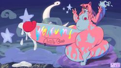 absurd_res balls big_balls big_penis blue_sclera cloud cloudscape digital_media_(artwork) domestic_cat felid feline felis genitals gesture hair hi_res huge_balls huge_cock hyper hyper_balls hyper_genitalia hyper_penis male mammal nipples nude orange_eyes outside paint penis pink_body pink_hair sky solo squishy_bloo star starry_sky tail thick_thighs v_sign