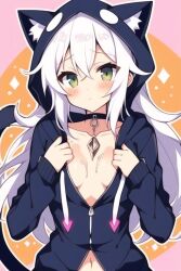 ai_generated blush cat_hoodie cum hoodie looking_at_viewer medium_breasts no_bra white_hair