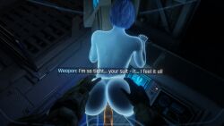 3d_(artwork) artificial_intelligence blender_(software) blue_body blue_hair blue_skin dialogue female ghxstrose halo_(series) high_resolution hud looking_at_viewer master_chief pov pov_eye_contact the_weapon_(halo_infinite) video_game_character video_games