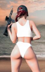 1girls 3d 3d_(artwork) ash_(rainbow_six) assault_rifle back_to_viewer back_view braided_hair braided_ponytail eliza_cohen fbi_cap female female_focus female_only female_soldier gun hand_on_hip holding_gun holding_weapon human human_female israeli jewish jewish_female military_operative ocean ocean_background rainbow_six rainbow_six_siege red_hair red_hair_female sigma_le soldier solo solo_female solo_focus sunglasses swimwear tinted_eyewear two-piece_swimsuit wearing_hat white_swimwear woman young_female young_woman