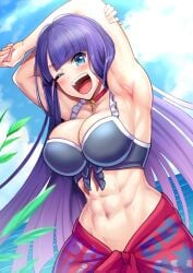 1girls abs absurd_res armpits arms_behind_head arms_up athletic_female bikini blue_eyes blush breasts cleavage fate/grand_order fate_(series) harurukan hi_res large_breasts looking_at_viewer muscular_female navel necklace one_eye_closed open_mouth purple_hair saint_martha slim_waist smile sweat swimsuit toned wink