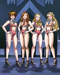 4girls 5_toes aged_up background blonde_hair blush bra braid breast_cutout breasts_out brown_hair character_request cupless_bra female female_only footwear front_view full_body genitals gladiator_sandals gryffindor hand_on_hip hands_on_hips harry_potter harry_potter:_hogwarts_mystery heels hermione_granger houses hufflepuff human human_only lineup lingerie lipstick long_hair looking_at_viewer luna_lovegood merula_snyde midriff multiple_girls navel necktie neckwear orange_hair palcomix panties panties_aside penny_haywood pose pussy ravenclaw red_lipstick sandals shadow shaved_pussy shoes short_hair short_hair_female slytherin standing striped_neckwear stripes suspenders tagme toes two_tone_hair underwear young