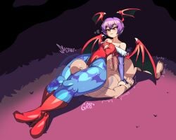 1boy 1girls between_thighs boots bottom_heavy captain_kirb clothed_female_nude_male clothing darkstalkers faceless_male female flat_chest head_between_thighs head_wings headscissor heel_boots human lilith_aensland lying lying_on_back male nude nude_male penis purple_hair red_eyes small_breasts succubus thick_thighs wide_hips wings