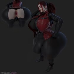 1futa ai_generated anus big_balls bodysuit bulge bulge_through_clothing capcom claire_redfield flaccid futanari leather leather_jacket muscular pale-skinned_futanari pale_skin pink_skin plump ponytail red_hair resident_evil showing_ass smiling solo solo_futa stable_diffusion sweetai thick_legs thick_thighs