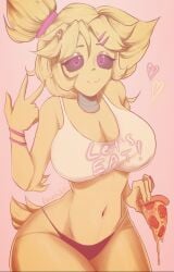 artist_signature bare_shoulders belly_button bracelets breasts cally3d chica chica_(cally3d) chica_(fnaf) chiku chiku_(cryptia) clazzey cryptiacurves curvaceous fazclaire's_nightclub five_nights_at_freddy's fnaf fredina's_nightclub gesture hearts_around_head large_breasts looking_at_another luchikki navel panties pizza scottgames scrunchie simple_background solo thick_thighs topwear