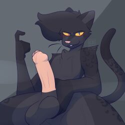 anthro balls black_body black_fur blush felid fur genitals hi_res keto_(ketofur) ketofur male mammal nude pantherine penis simple_background solo