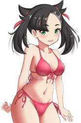 1girls asymmetrical_bangs bad_hands bikini black_hair breasts collarbone cowboy_shot curvy_figure game_freak green_eyes hair_ribbon halterneck hips looking_at_viewer maho_(corotonton5150) marnie_(pokemon) navel nintendo open_mouth pink_bikini pokemon pokemon_ss ribbon side-tie_bikini_bottom simple_background small_breasts smile solo stomach string_bikini swimsuit thick_thighs thighs twintails undercut white_background