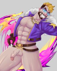 1boy 2023 abs balls bara barazoku beard big_penis blue_jacket chains draven glasses glasses_on_head jacket league_of_legends male/female muscular muscular_arms muscular_male muscular_thighs penis pose posing pubic_hair solo solo_male unknown_artist veiny_penis yellow_hair