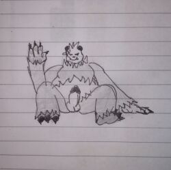 2023 anonymous_artist anthro balls bear black_body bodily_fluids erection fur generation_6_pokemon genital_fluids genitals giant_panda hi_res looking_at_viewer male mammal monochrome nintendo nipples nude overweight overweight_anthro overweight_male pangoro penile penis pokemon pokemon_(species) simple_background solo traditional_media_(artwork) ursine white_background white_body