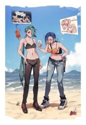 2girls abs ass bare_shoulders beach bikini black_bra blue_hair bluecup bra breasts camera cleavage collarbone day denim female female_only gimmighoul holding holding_camera jeans leaning_forward long_hair loose_hair_strand medium_breasts mountainous_horizon multicolored_hair multiple_girls navel no_shirt perrin_(pokemon) pokemon pokemon_(game) pokemon_sv ponytail rika_(pokemon) rotom_phone shoes small_breasts sneakers standing swimsuit tomboy toned torn_clothes torn_jeans torn_pants two-tone_hair underwear very_long_hair watch water wristwatch