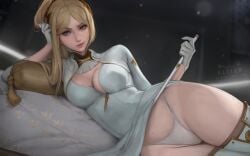 1girls big_breasts blonde_hair female gloves grey_eyes grin hair_ornament highleg_panties kittew light-skinned_female light_skin lying naughty_face nier:_automata on_bed pale_skin panties riding_crop seductive skirt_lift soft solo thong uniform upskirt yorha_commander