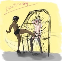 adult ballbusting balls big_penis blonde_hair blush breasts cum cumming dark-skinned_female dark_skin dominant dominatrix femboy femdom garter_belt garter_straps genital_fluids genshin_impact kick_in_the_balls light-skinned_male lyney_(genshin_impact) magician rope_bondage ropes shaved_crotch thick_thighs thighs tied_up twink underwear white_skin