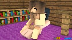 2girls 3d background blue_hair bookshelf brown_hair closed_eyes hair_covering_eye hand_on_breast hand_on_pussy itsfunneh long_hair mine-imator minecraft nude_female purple_carpet sex_on_floor sister_and_sister slightly_open_mouth table tag83 tagme