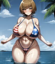 1girls ai_generated american_flag_bikini beach_background blue_angel blush brown_hair eroeroai female looking_at_viewer muscular_female navel short_hair solo voluptuous yu-gi-oh! yu-gi-oh!_vrains zaizen_aoi