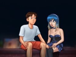 1girls 2d blue_hair blurry blurry_background breasts brown_hair cleavage clothed clothing darkcookie digital_drawing_(artwork) digital_media_(artwork) dress duo eve_(summertime_saga) female hand_on_thigh light-skinned_female light-skinned_male light_skin looking_at_another looking_at_partner main_character_(summertime_saga) male male/female night_sky pale-skinned_female pale_skin party roof rooftop shorts sitting skirt small_breasts smile smiling summertime_saga surprised surprised_expression two_tone_hair