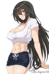 1girls abs alternate_costume black_shorts breasts chamumi_(mochiumee) cleavage cowboy_shot dolphin_shorts female kantai_collection large_breasts long_hair midriff nagato_(kantai_collection) navel one-hour_drawing_challenge red_eyes shirt shorts simple_background solo white_background white_shirt