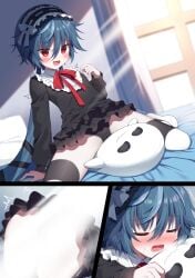 1girls bed bedroom bedsheets black_and_white_clothing black_and_white_legwear black_and_white_thighhighs black_clothing black_legwear black_thighhighs blue_hair blush blush_lines blushing boo_bro boo_bros censored clothing donothon_reward e-sekai fan_mascot_(vtuber) female female_focus female_only ghost ghost_hunter god_rays idol-en idol_corp inside legwear light-skinned_female light_skin mauvesr open_mouth pillow plush plushie plushophilia plushy red_eyes reward rubbing solo sun_rays swear sweatdrop sweating thighhighs tongue virtual_youtuber vtuber white_clothing white_legwear white_thighhighs window window_light yuko_yurei