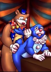 2boys anal anal_sex anthro bear bent_over bent_over_table blue_eyes bonnie_(fnaf) circus circus_bonnie circus_freddy circus_tent clown clown_bonnie clown_freddy clown_makeup five_nights_at_freddy's freddy_(fnaf) freddy_fazbear furry gay gloves male_only penis_in_ass pulling_ears rabbit rabbit_ears red_eyes robot white_gloves