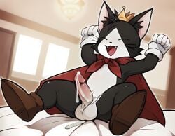 ai_generated anthro balls bed cait_sith cait_sith_(ff) cape crown cum final_fantasy final_fantasy_vii furry gloves happy penis solo solo_male white_gloves