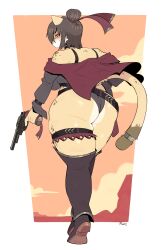 anthro ass blush breasts brown_hair clothed clothing felid feline female fur gun hair handgun hi_res looking_at_viewer looking_back looking_back_at_viewer mammal original original_character ranged_weapon rear_view revolver roly solo weapon yellow_body yellow_eyes yellow_fur