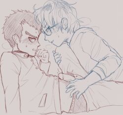 angry_face blush clothed clothing danganronpa danganronpa:_trigger_happy_havoc freckles freckles_on_face gay glasses kiyotaka_ishimaru looking_away neppyin nervous nervous_expression penis_out precum precum_drip pubic_hair self_insert self_upload sketch straight_hair sweat sweatdrop sweating tears touching