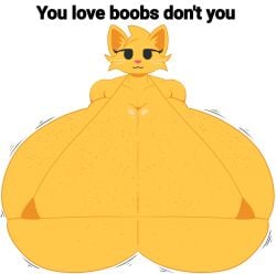 1girls anthro big_breasts breast breasts cat cat_emoji emoji emoji_(race) emoji_cat english_text female freckles freckles_on_breasts front_view furry huge_breasts hyper_breasts illuminati jiggling_breasts micro_bikini solo videogamedunky w_mouth white_background yellow_body